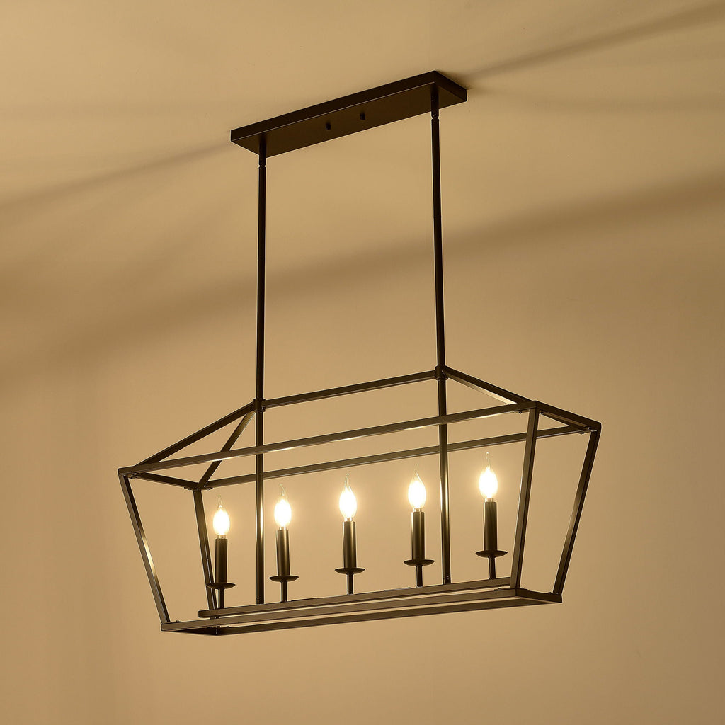 5 Light Farmhouse Kitchen Island Lighting, 5 Light Industrial Linear Chandelier For Dining Room Metal Hanging Pendant Light Fixture For Bedroom Living Room Hallway Conference Room - Matte Black
