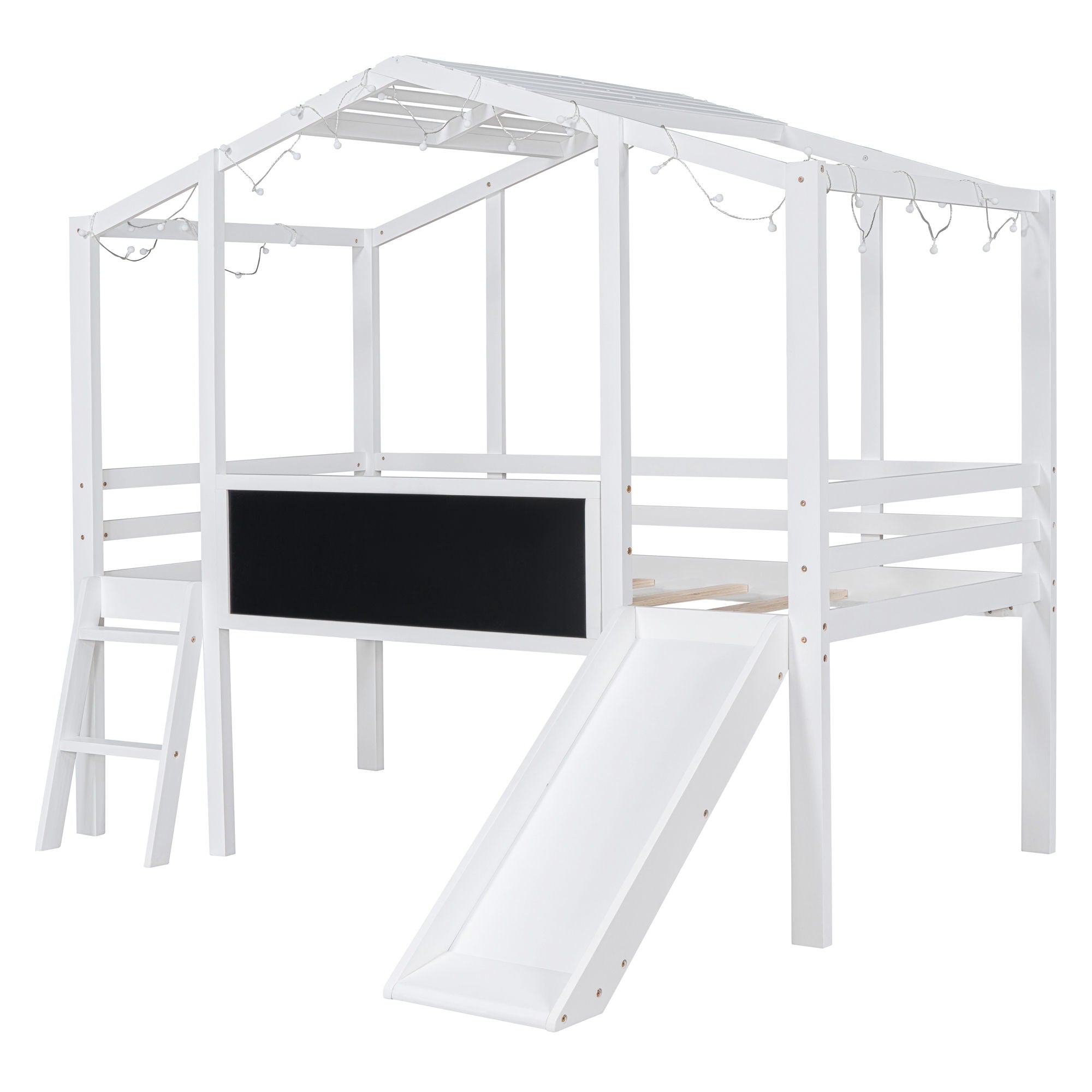 Loft House Bed With Ladder And Slide, With board And Light Strip On The Roof