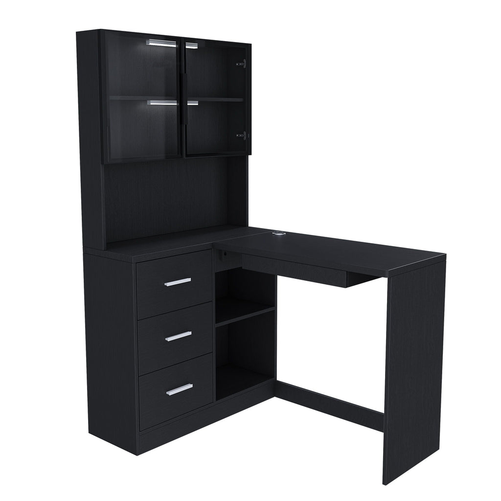 L-Shaped Computer Desk with Glass Cabinets, Built-In LED Lights, and USB Charging Ports