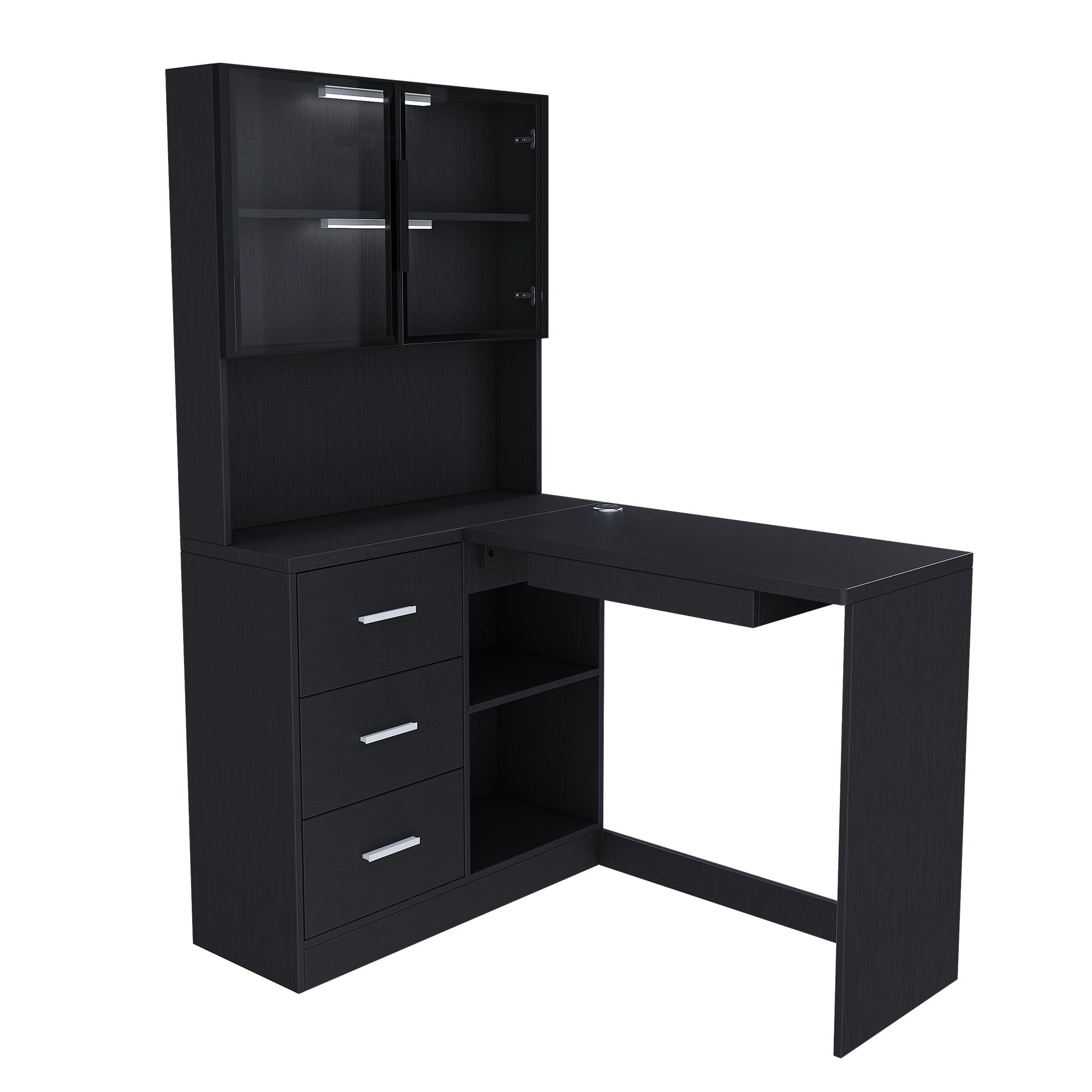 L-Shaped Computer Desk with Glass Cabinets, Built-In LED Lights, and USB Charging Ports