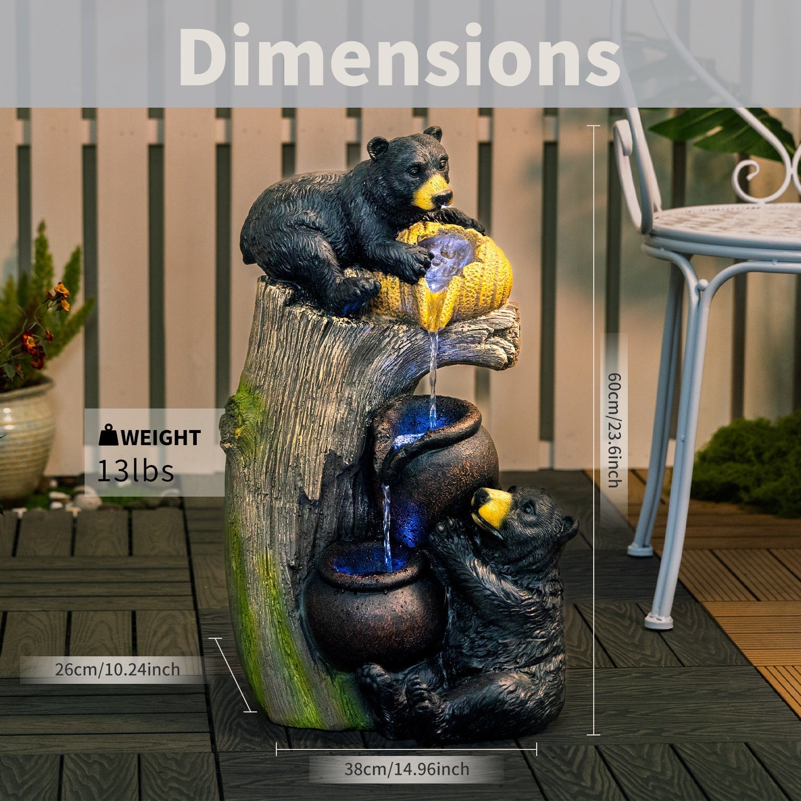 Bear Outdoor Water Fountain with LED Lights