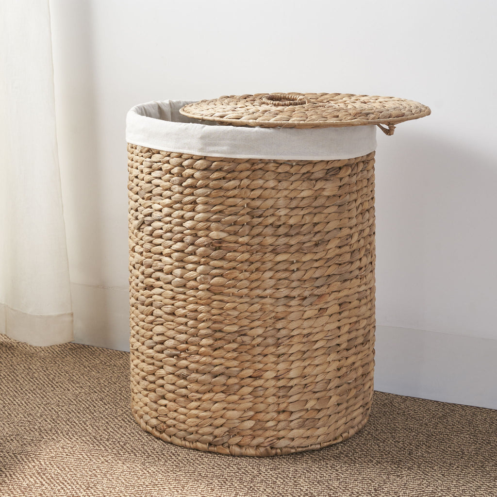 Round Tall Water Hyacinth Woven Wicker Laundry Hamper With Lid - For Clothes, Toys And Book Storage With Removable Liner - 15" X 15" X 20" - Natural Brown