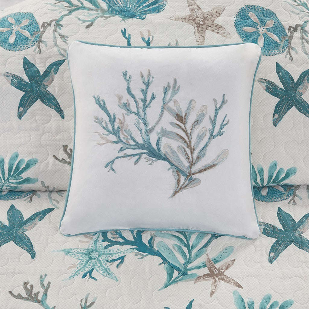 6 Piece Cotton Sateen Quilt Set with Throw Pillows Aqua Full/Queen