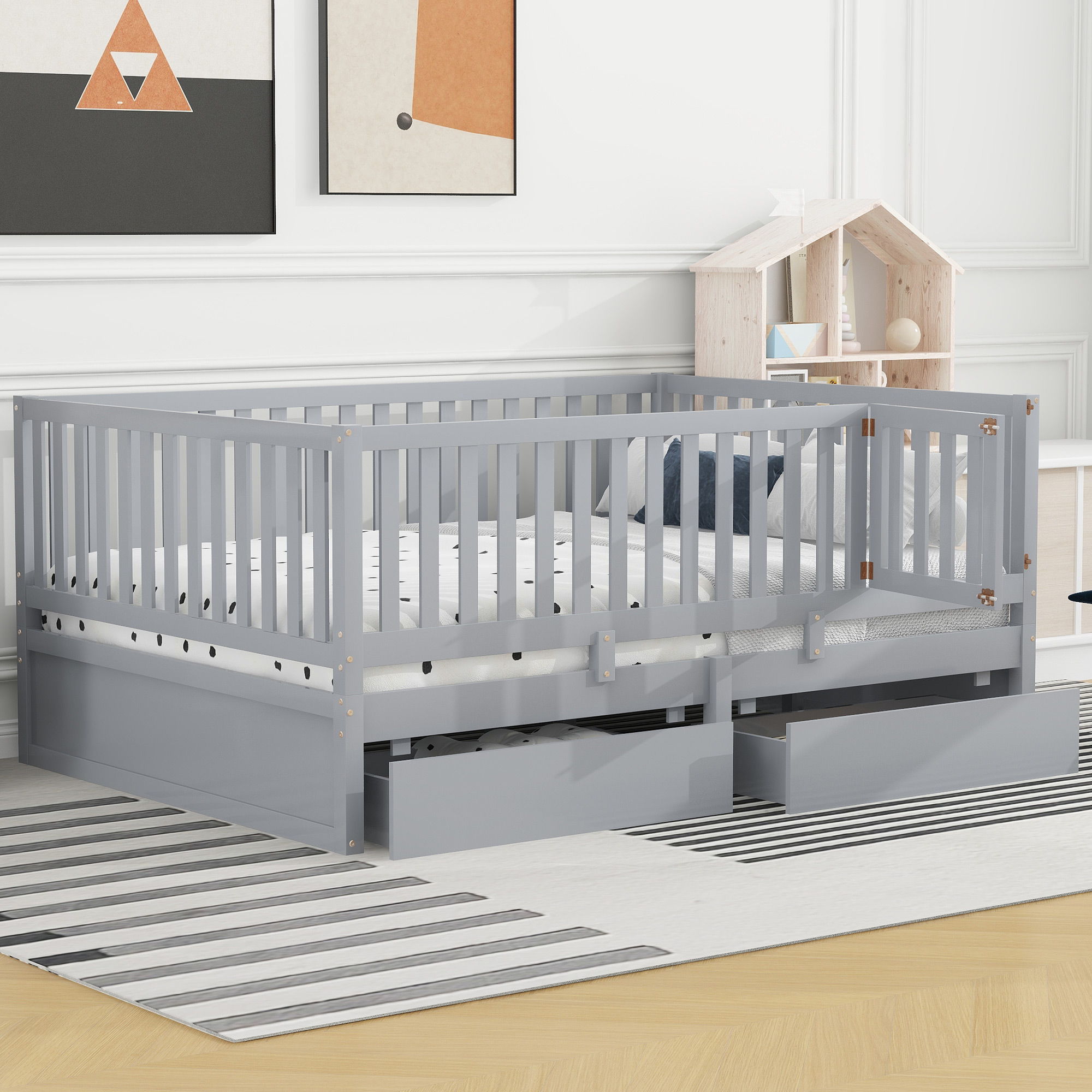 Daybed With Fence Guardrails And 2 Drawers, Split Into Independent Floor Bed & Daybed