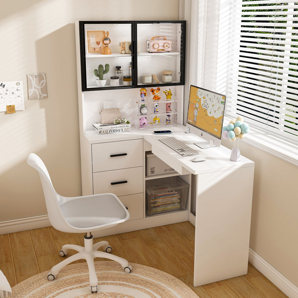 L-Shaped Computer Desk with Glass Cabinets, Built-In LED Lights, and USB Charging Ports