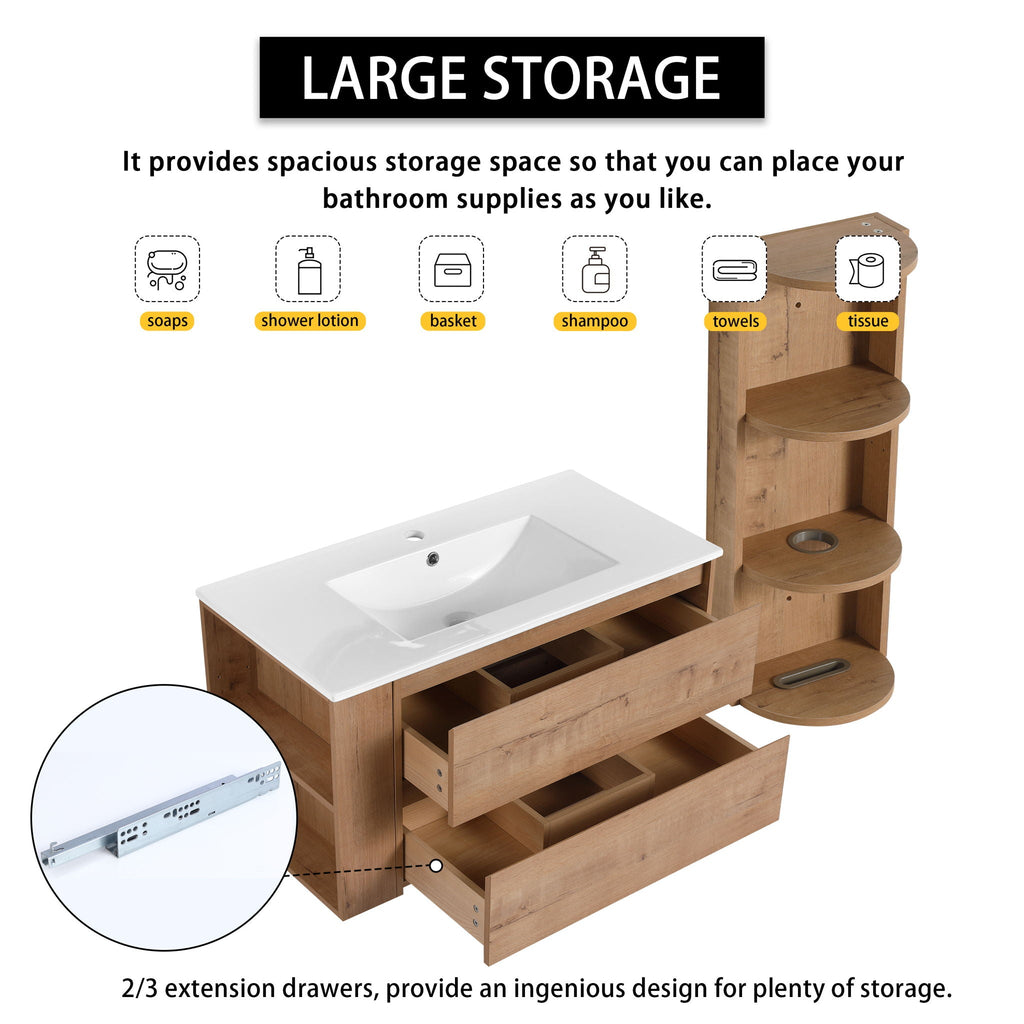 Modern Wall Mounted Bathroom Vanity with Ceramic Sink and Storage Rack