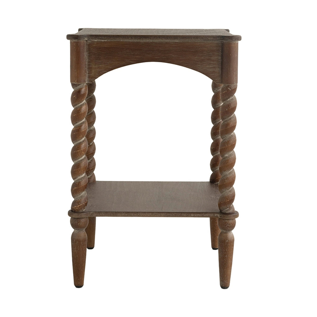 15.5x15.5x23.5' Distressed Brown Wood Side Table with Turned Spiral Legs and Lower Shelf