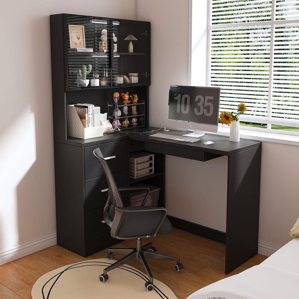 L-Shaped Computer Desk with Glass Cabinets, Built-In LED Lights, and USB Charging Ports