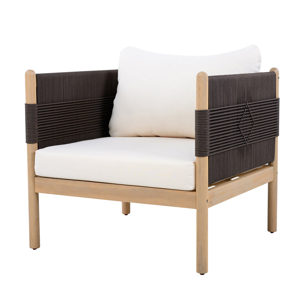 Outdoor Acacia Wood Club Chair with Diamond Rope Weave & Cushions, Light Teak
