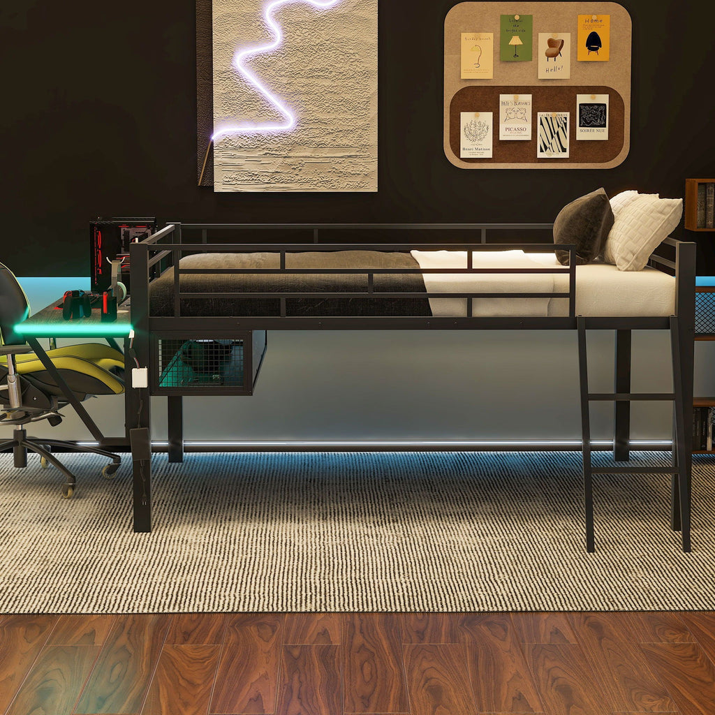 Gaming - Full Size Loft Bed With Desk, LED - Black