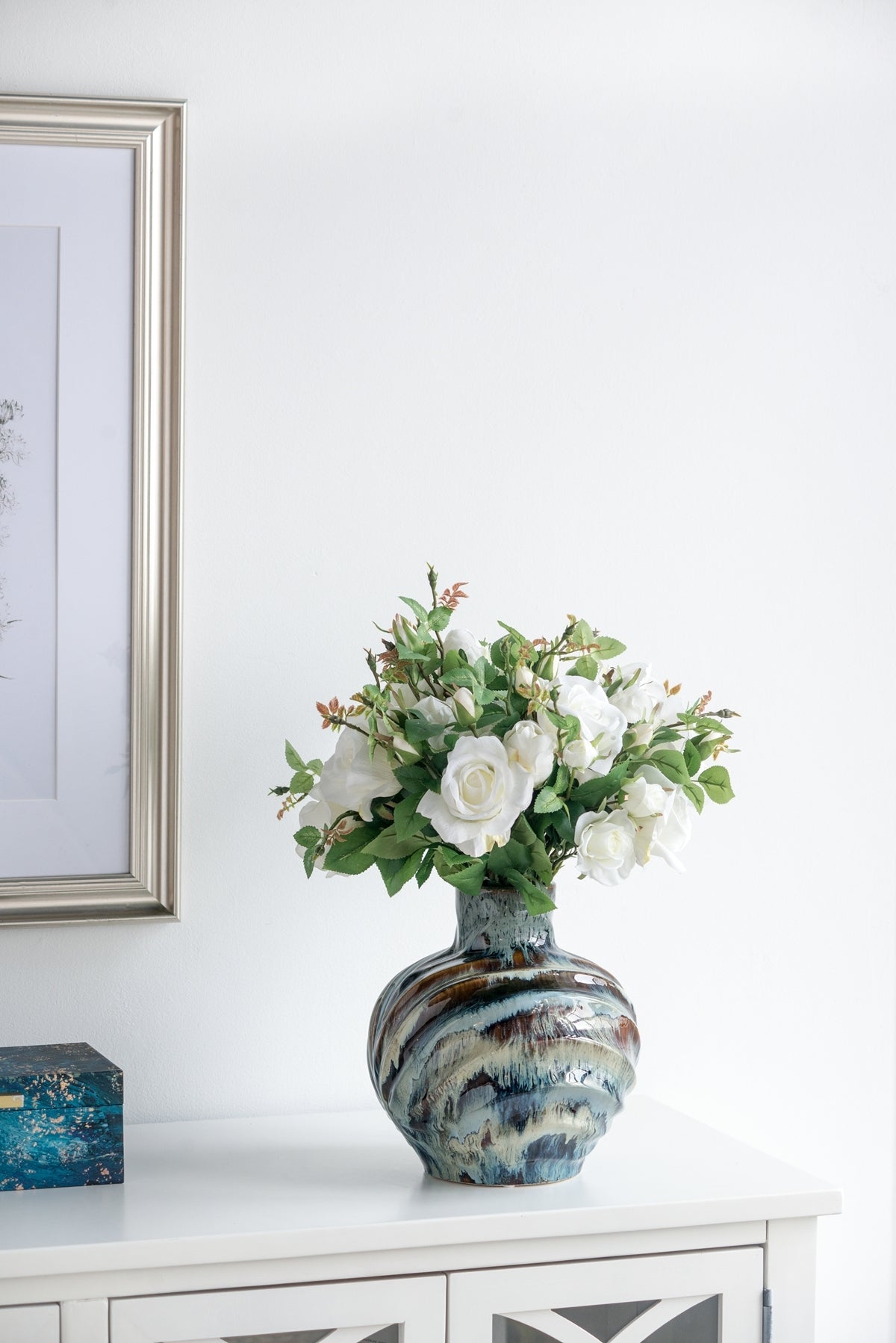 9.4x9.4x11" Blue and Brown Reactive Glazed Accent Vase