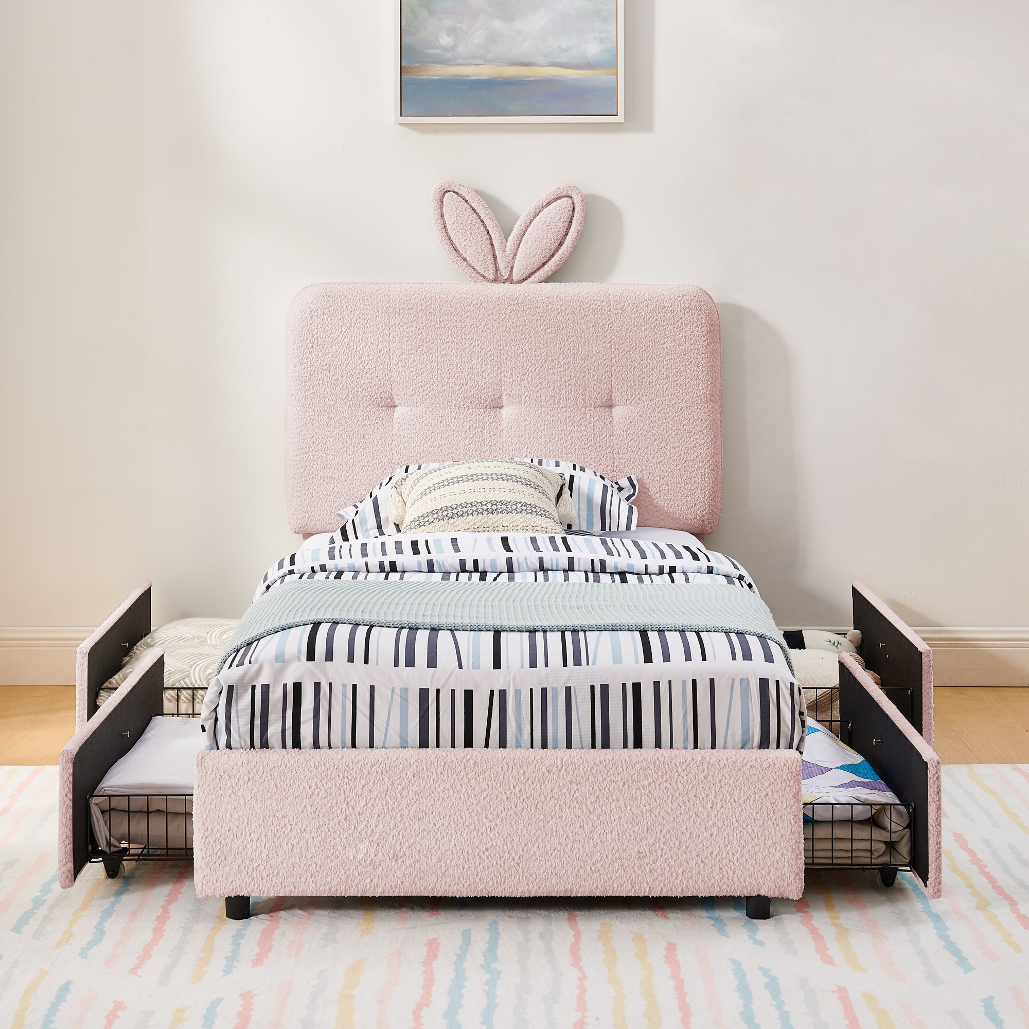 Twin Size Kids Upholstered Bed with Oversized Rabbit Ear Headboard