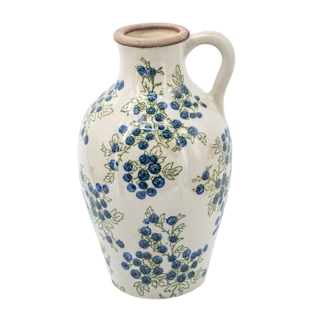 7.5x7.3x12" White Ceramic Vase with Blueberry Motif