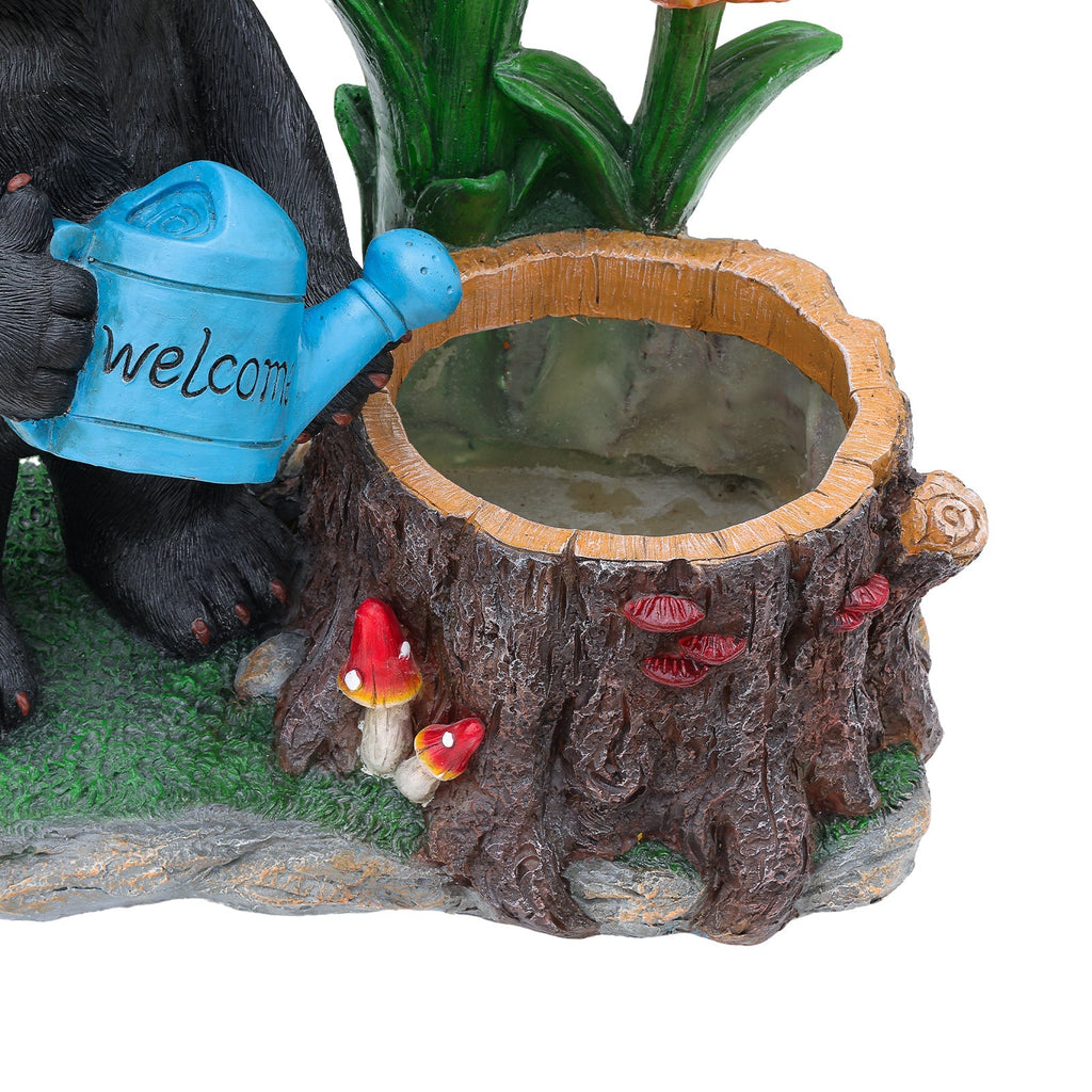 Standing Black Bear Garden Planter with Decorative Solar Lantern