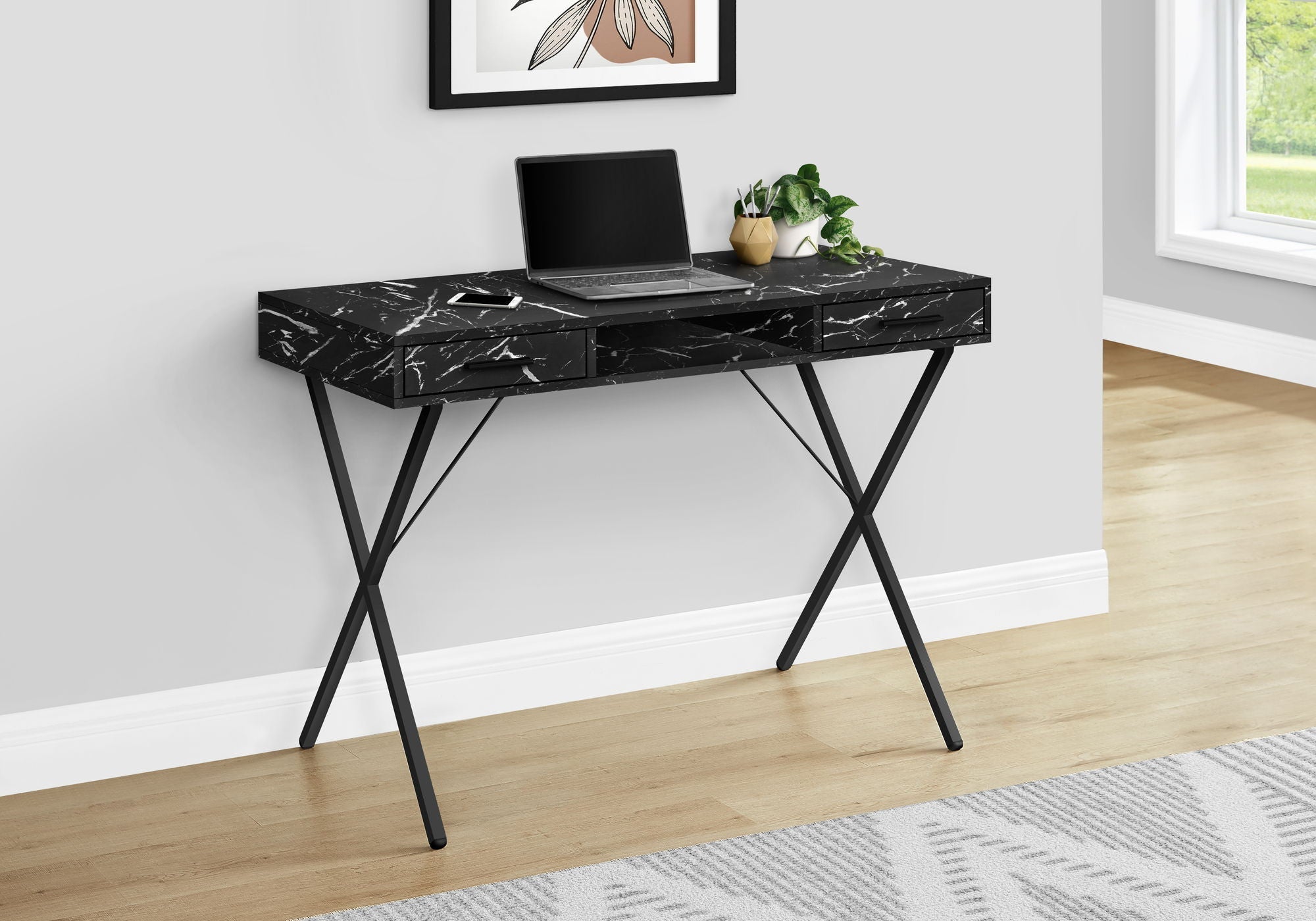 Computer Desk with Marble Look Laminate and Storage Drawers