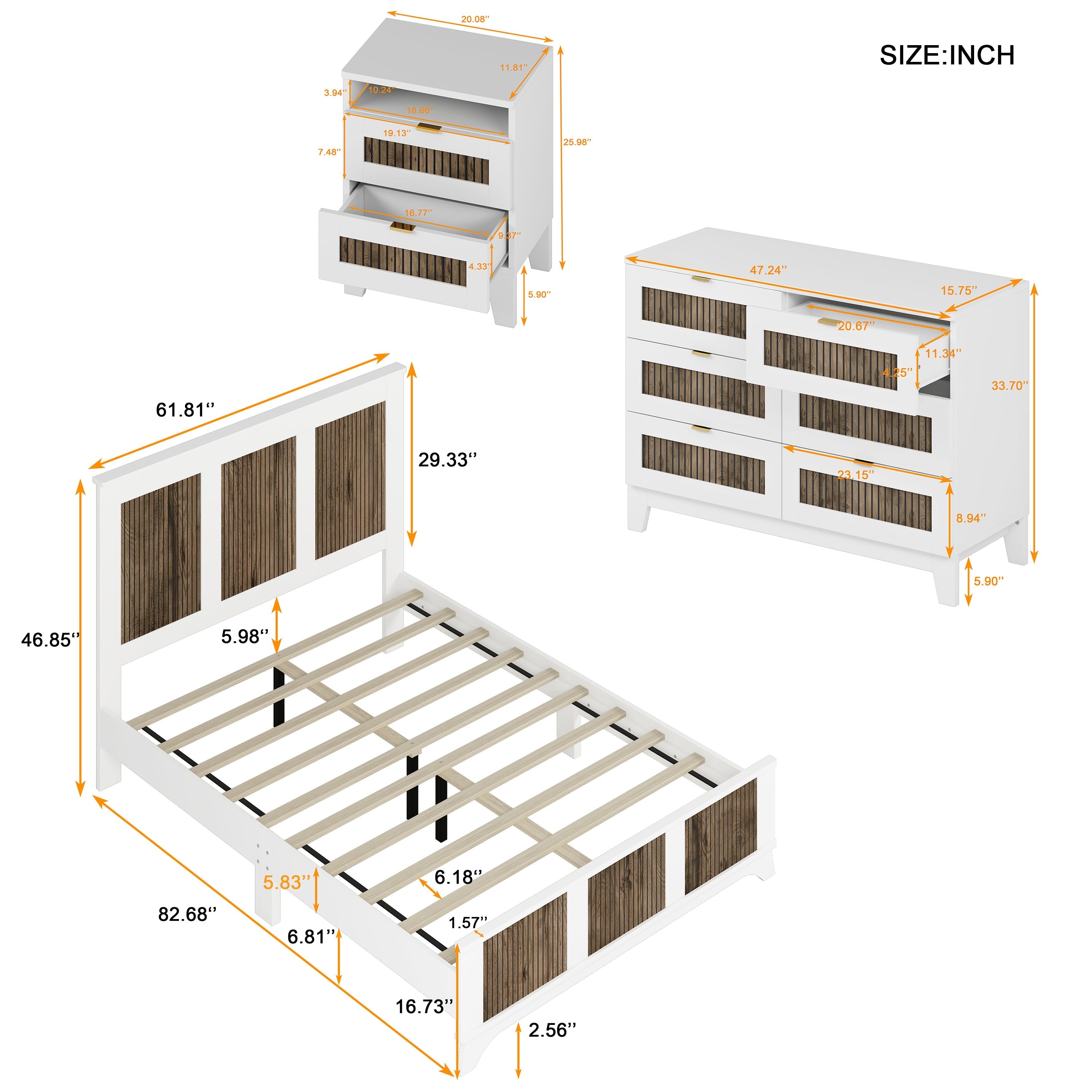 4-Pieces Bedroom Sets, Queen Size Farmhouse Platform Bed with Storage