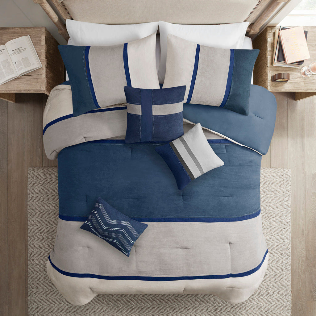7 Piece Faux Suede Comforter Set Blue King