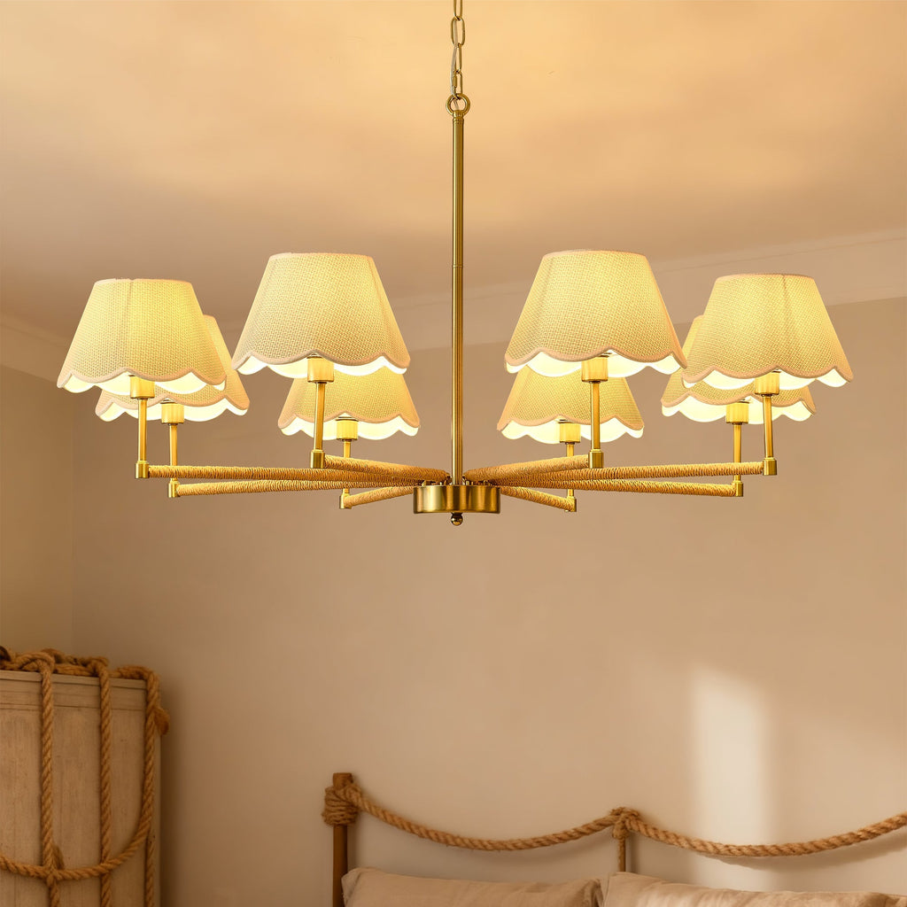 8-Light Rope and Fabric Shade Gold Chandelier