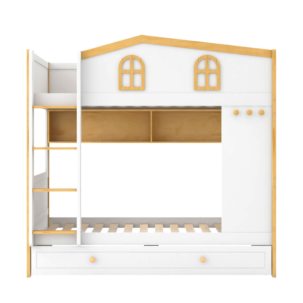Bunk Bed With House Shaped Guardrails, Storage Shelves, And Trundle