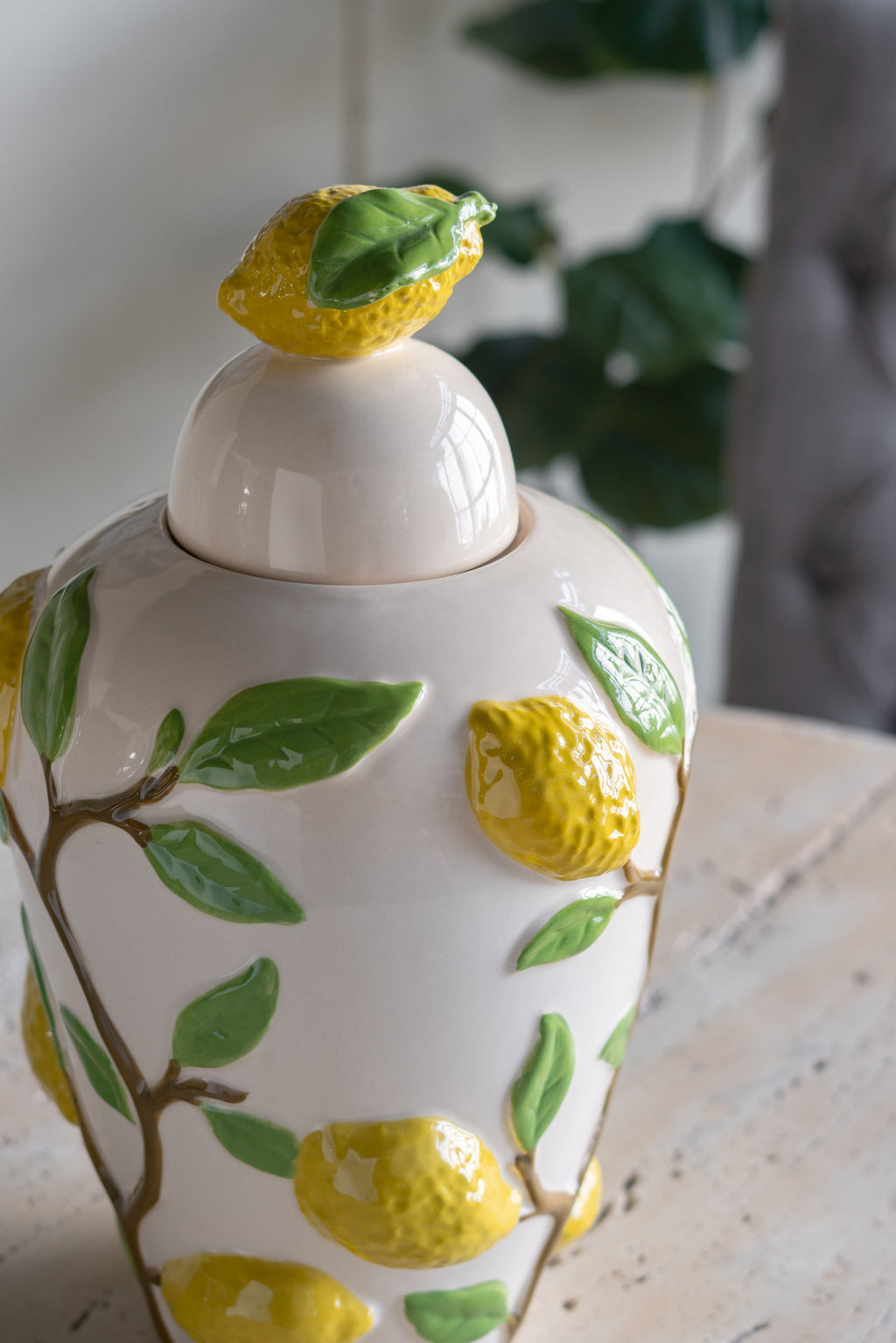 8.7x8.7x15' White Ceramic Lidded Jar with Playful Lemon Design