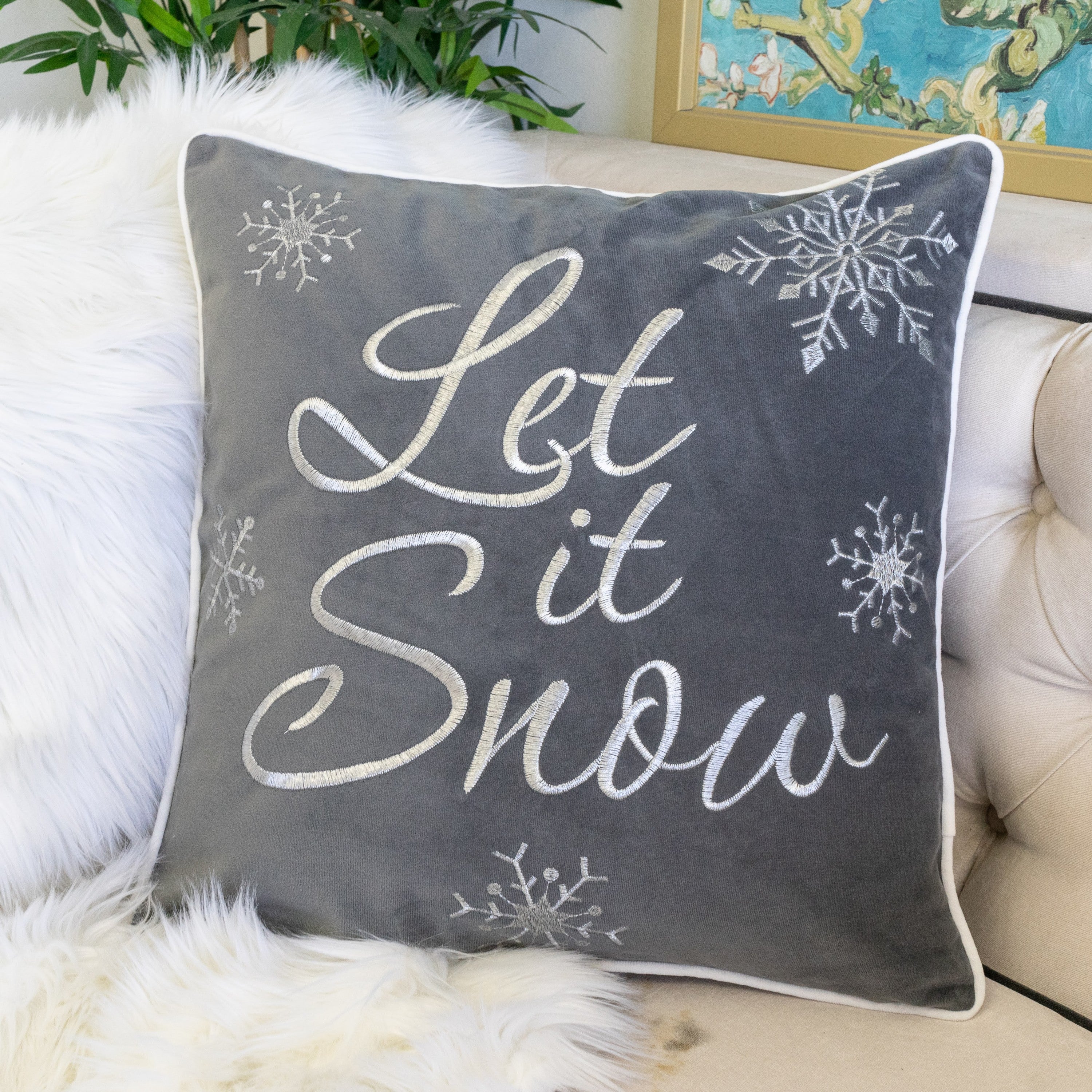 Let It Snow Embroidered Cotton Throw Pillow – 20x20 Gray Winter Accent Cushion