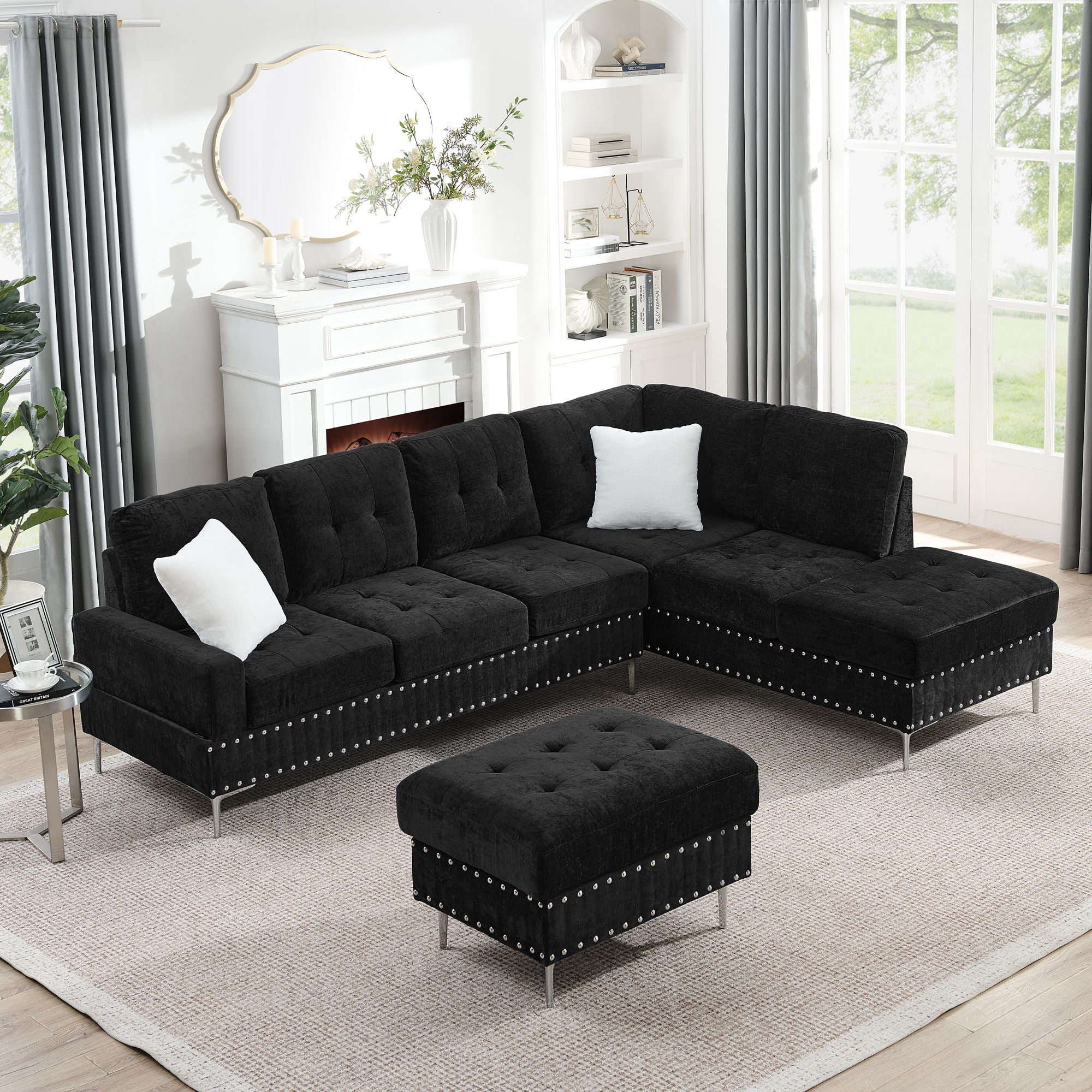 L-Shaped Sectional Sofa With Chaise And Storage Ottoman, Includes 2 Pillows