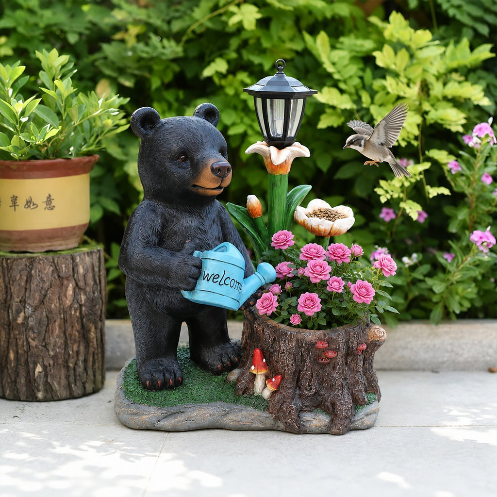Standing Black Bear Garden Planter with Decorative Solar Lantern