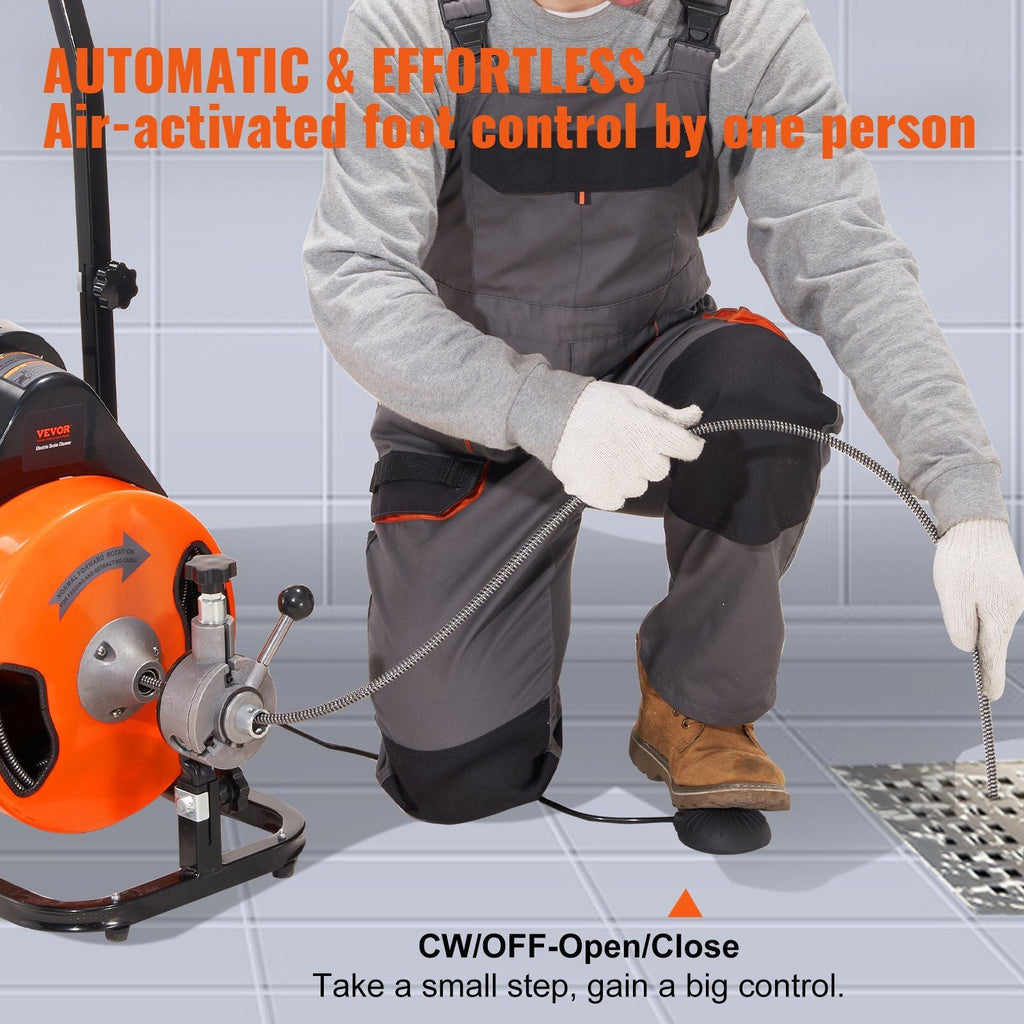 Drain Cleaning Machine 100Ft X 3/8" Auto Feed Sewer Snake - Orange
