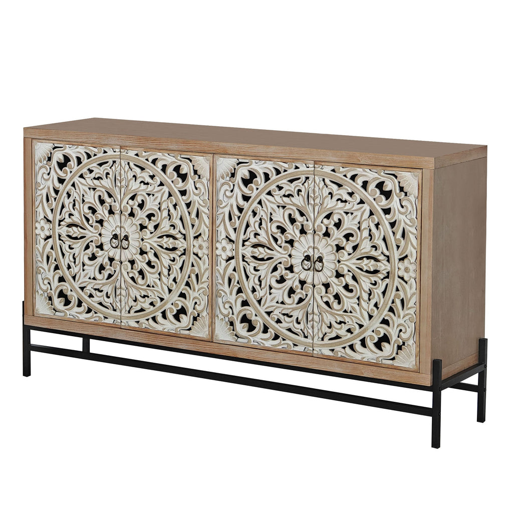 4 Door Wood Cabinet, Vintage Carved Wood with Metal Base