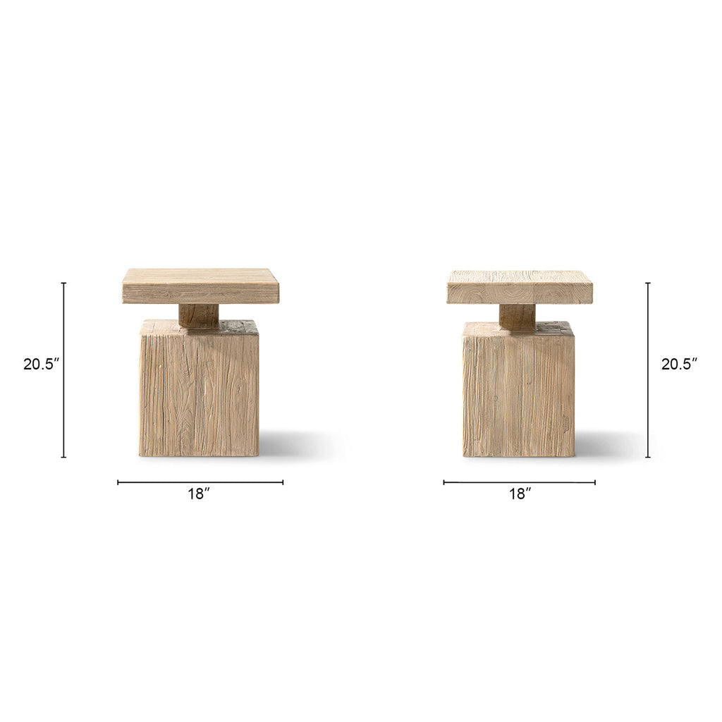 Calder 18' Solid Square Reclaimed Elm Block Plinth Side Table, Heritage Light Natural Brown