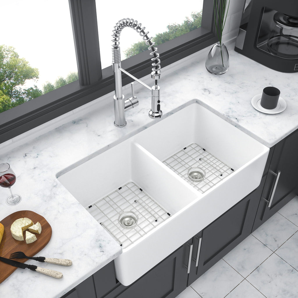 Double Bowl Apron Front Kitchen Sink 32", Sturdy And With Scratch Resistant - White