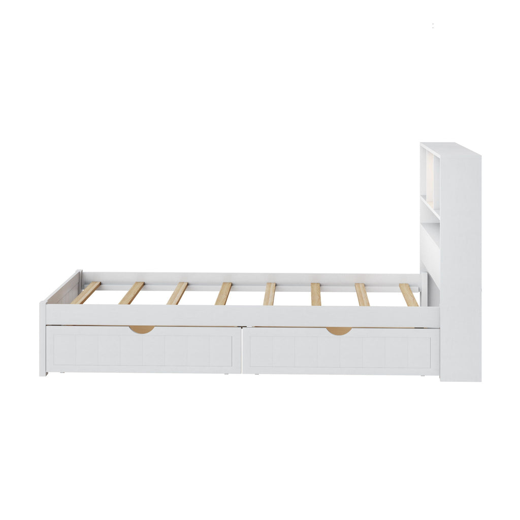Platform Bed With Bookcase Headboard, Built-In Downlight, Charging Station, And 2 Side Drawers