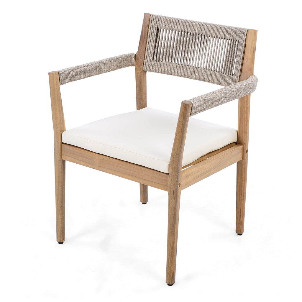 Braided Acacia Wood Outdoor Dining Chairs Set of 2 – Teak Look with Beige Rope & Cream Cushions