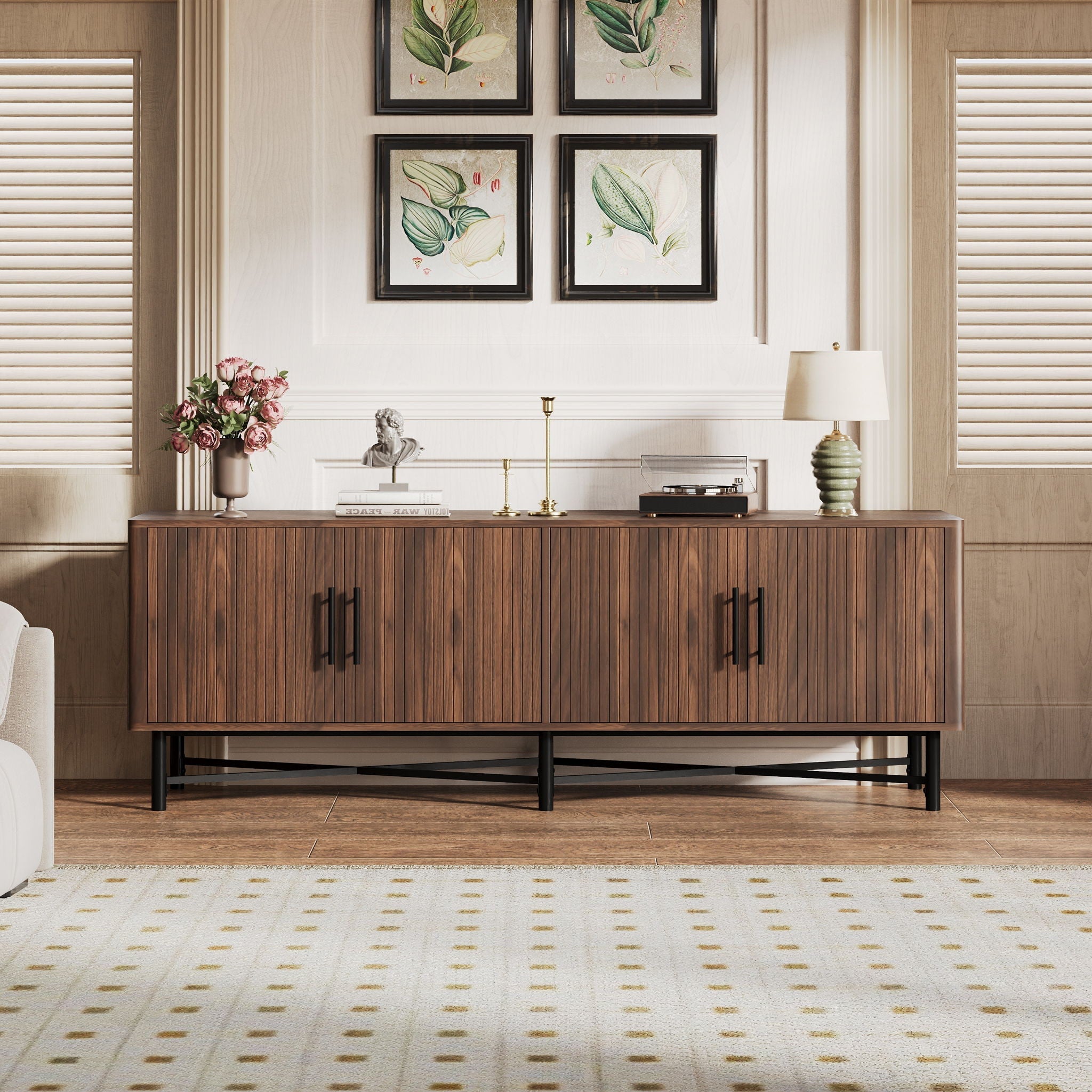 4 Door TV Cabinet with Adjustable Shelves and Storage Spaces