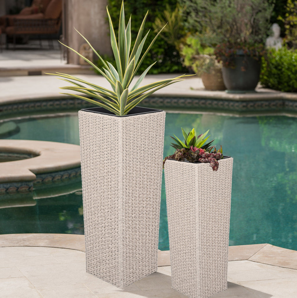 Outdoor PE Wicker Flower Pots, 2-Pcs Set, Beige