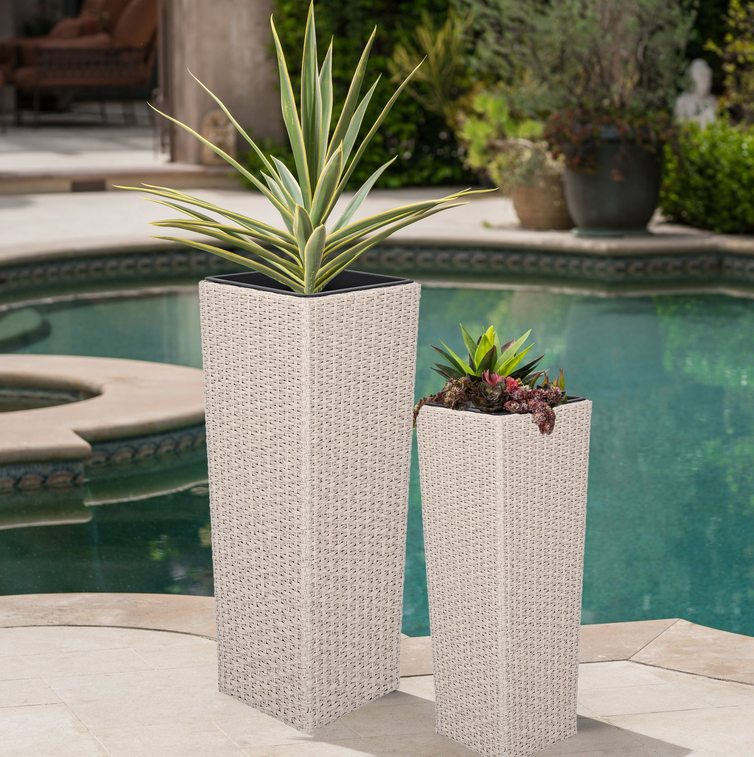 Outdoor PE Wicker Flower Pots, 2-Pcs Set, Beige