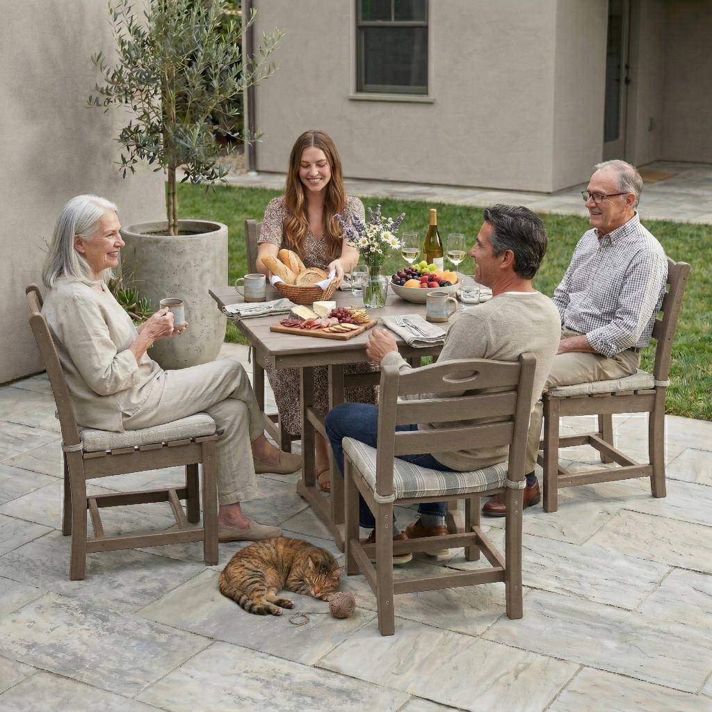 Antique Wood Color HDPE 5-Piece Outdoor Patio Dining Set with Square Table and 4 Armless Chairs, Umbrella Hole