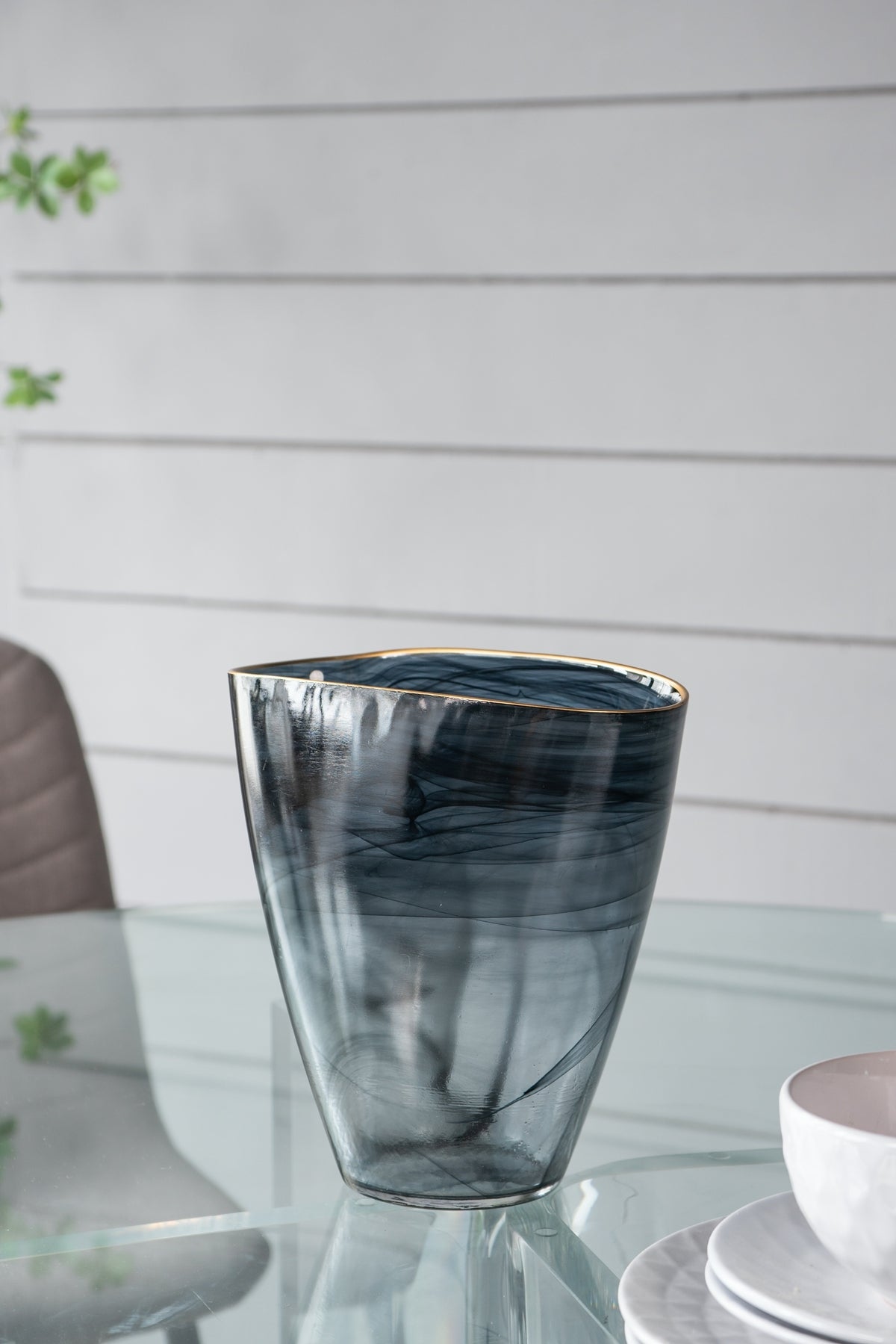 9.3x4.7x9.3' Smokey Black Glass Vase with Gold Rim