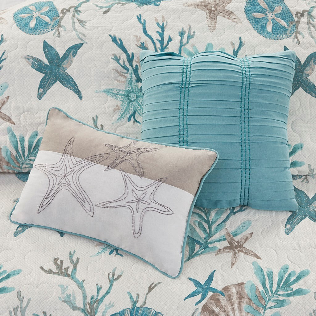 6 Piece Cotton Sateen Quilt Set with Throw Pillows Aqua Full/Queen