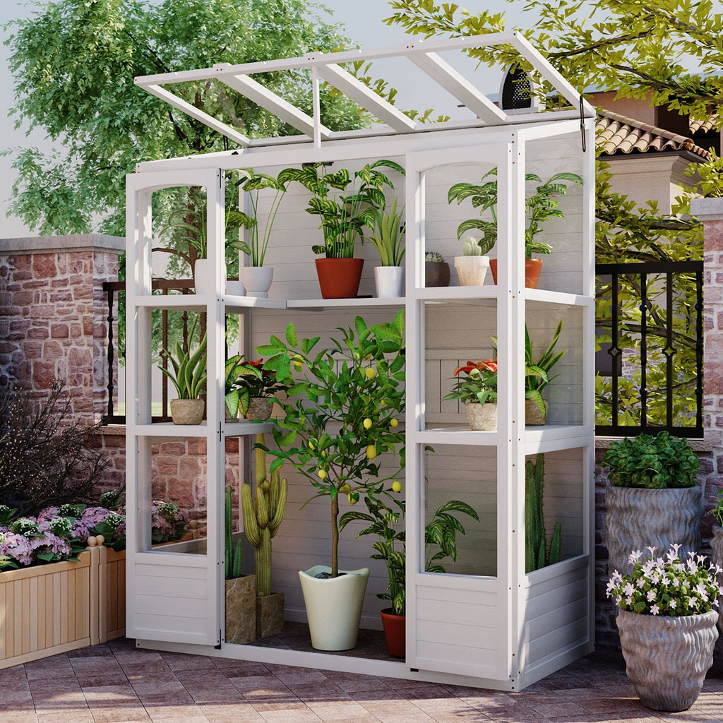 TOPMAX 78-Inch Wooden Greenhouse with Skylights and Folding Shelves