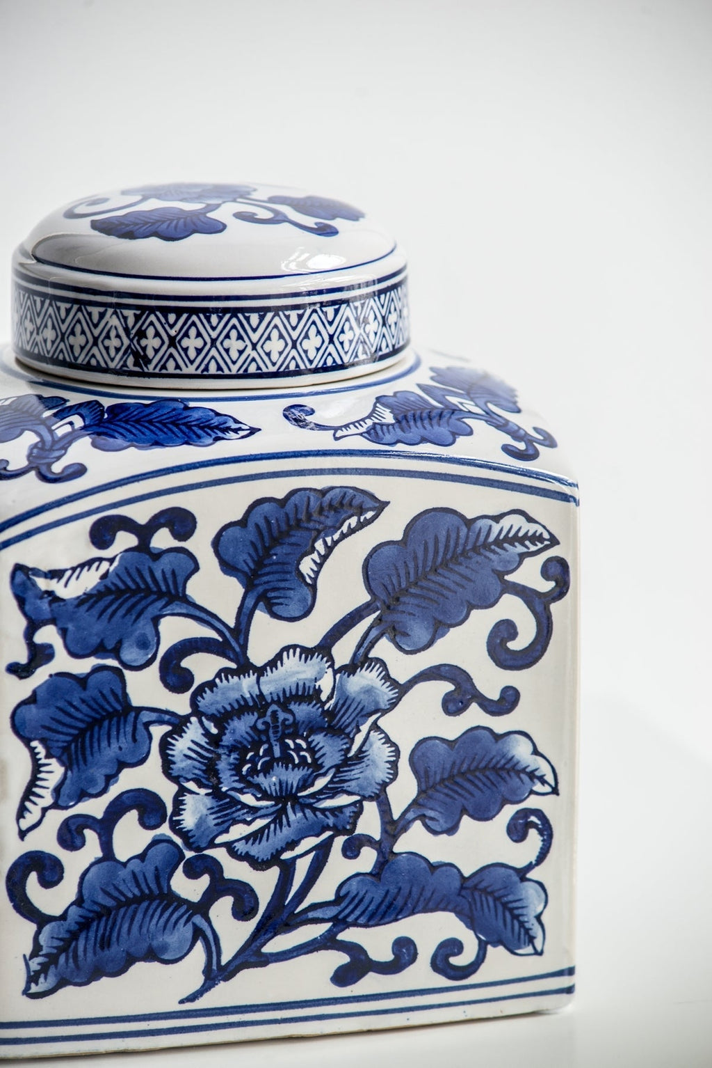 5x5x8' Hand Painted Square Canister with Blue and White Floral Pattern