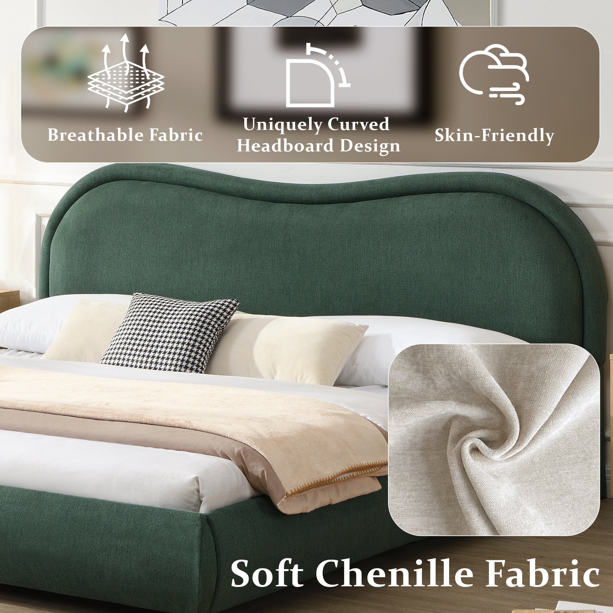 King Size Upholstered Platform Bed Frame with Rounded Corners