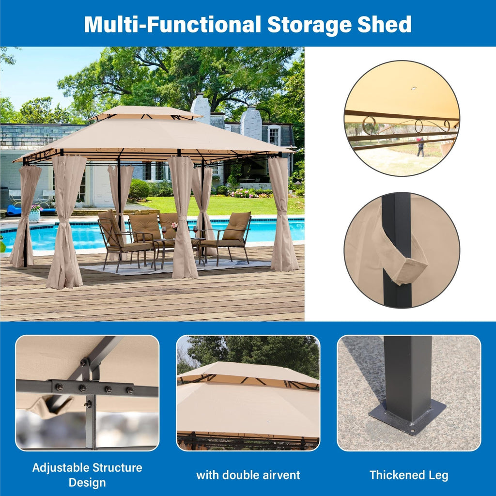 Khaki Outdoor Patio Gazebo Canopy Tent with Ventilated Double Roof