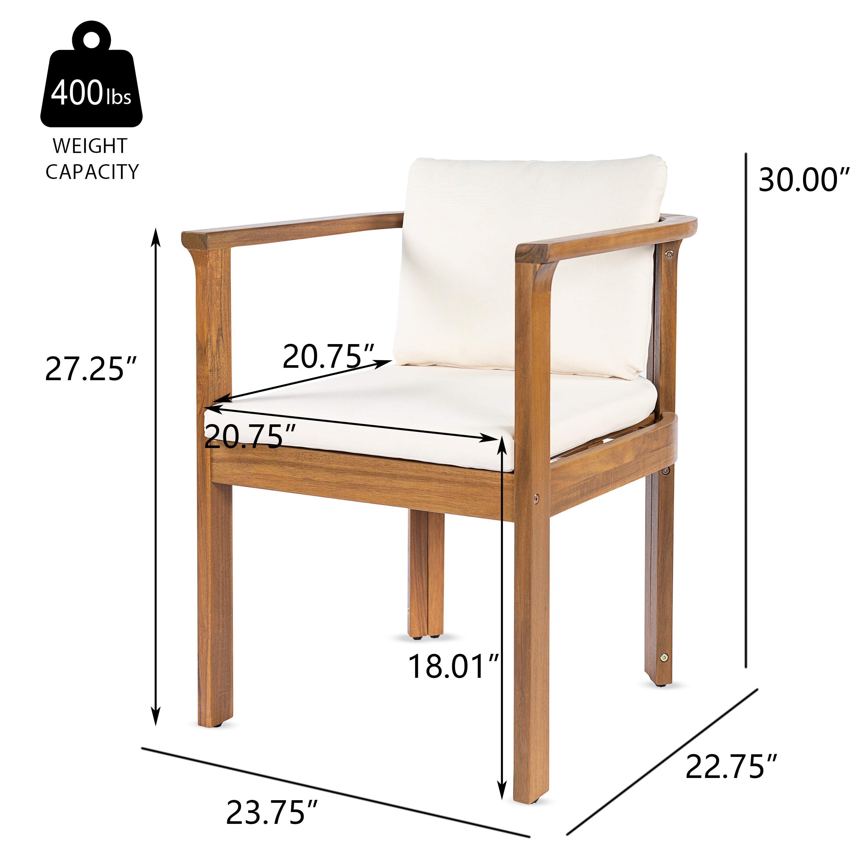 Outdoor Dining Chair Set of 4 with Curved Acacia Wood Arms and Cream Cushions
