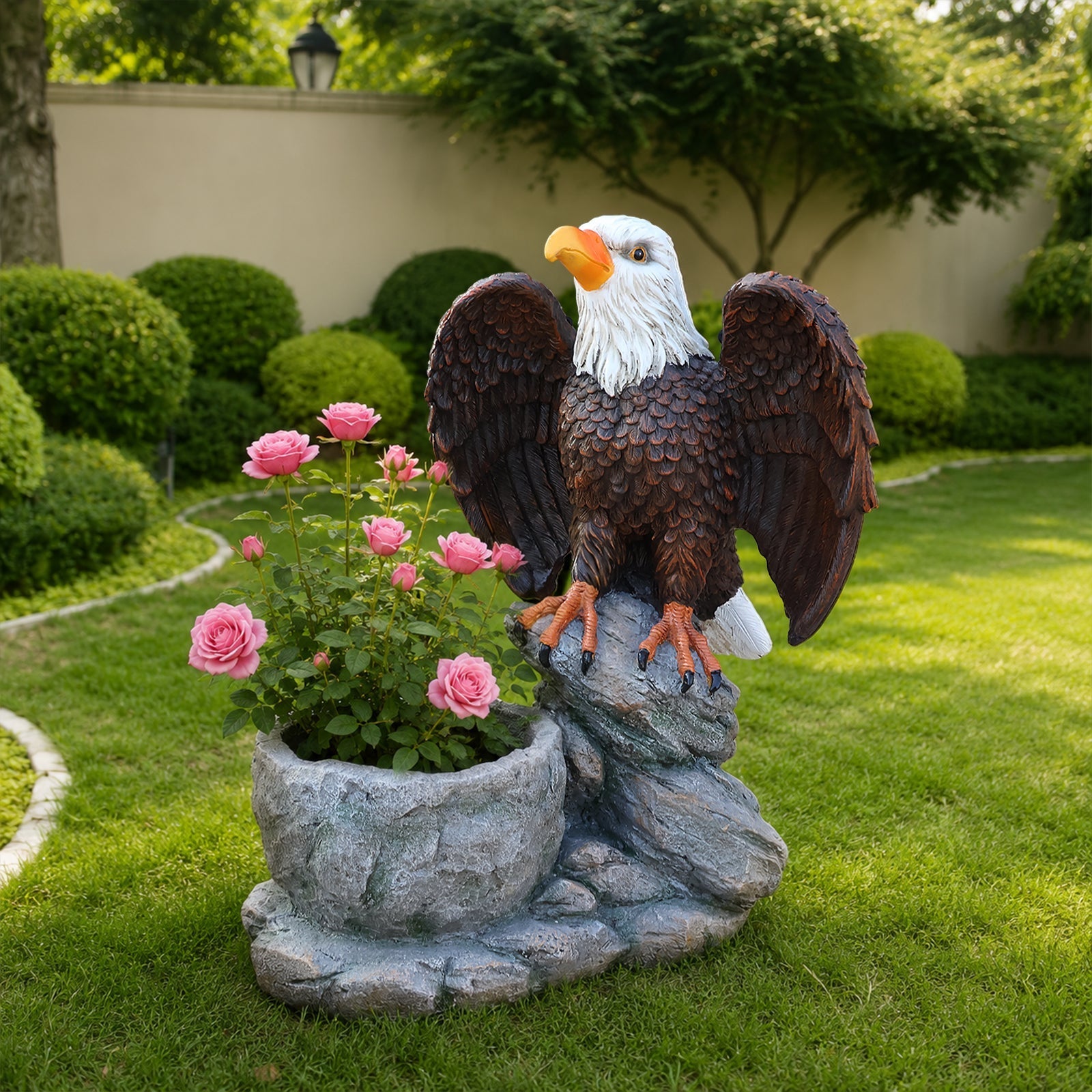 Standing Eagle Statue Garden Planter on Faux Stone Base