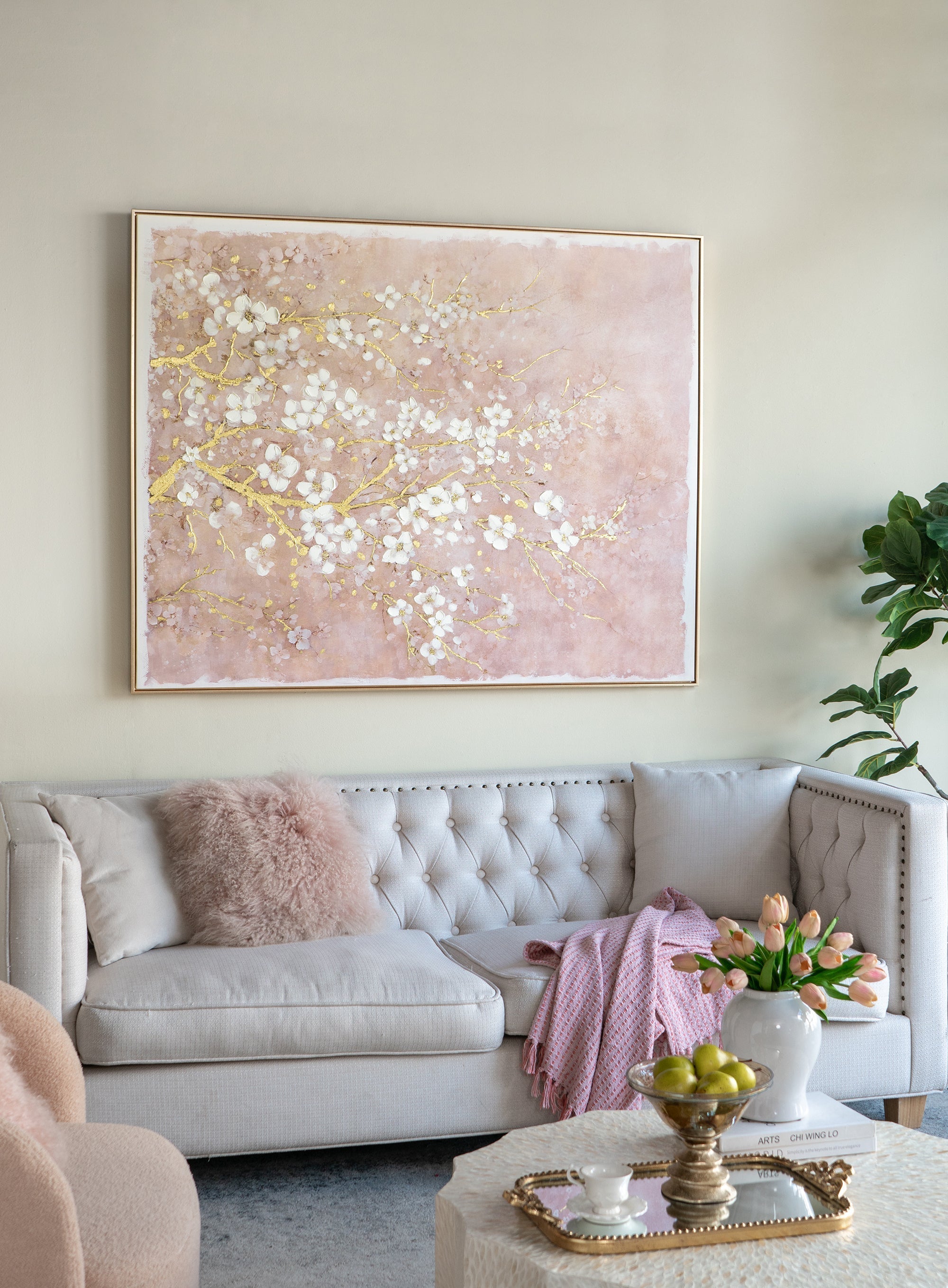 59.1x47.2 Hand-Painted Cherry Blossom Canvas Art with Blush Pink and White Finish