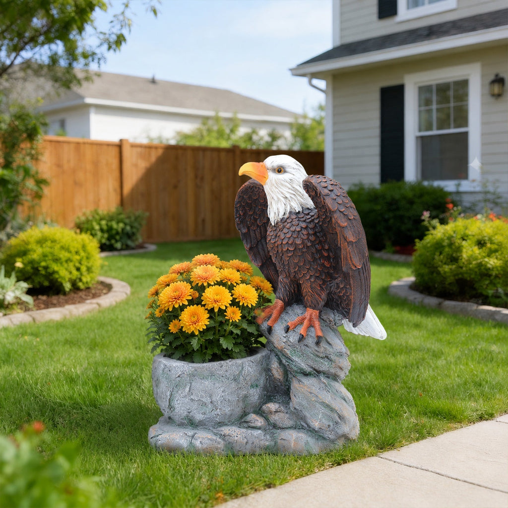 Standing Eagle Statue Garden Planter on Faux Stone Base