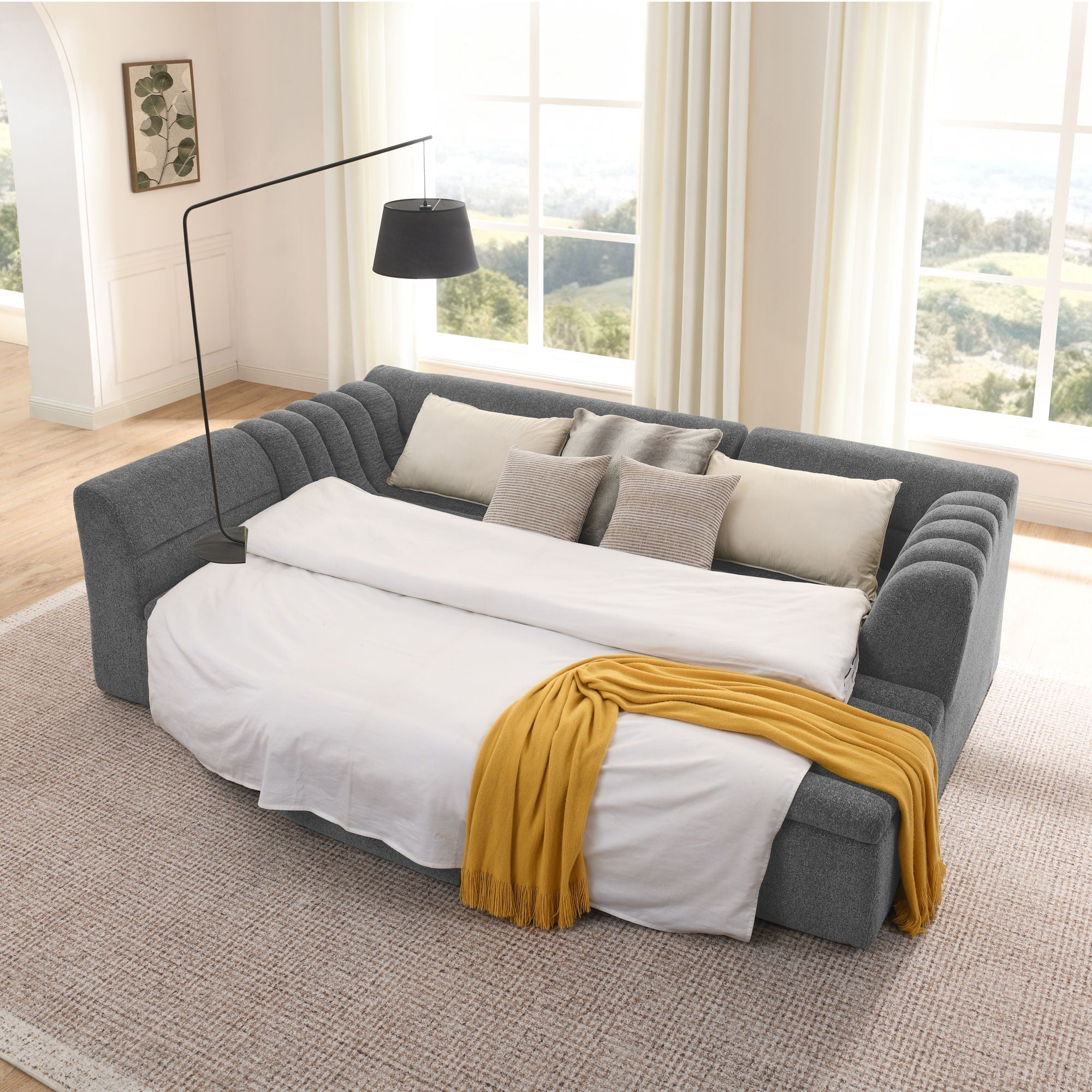 U-Shaped Modular Sectional Sofa With Chaise And Movable Ottoman With Wave-Shaped Armrest