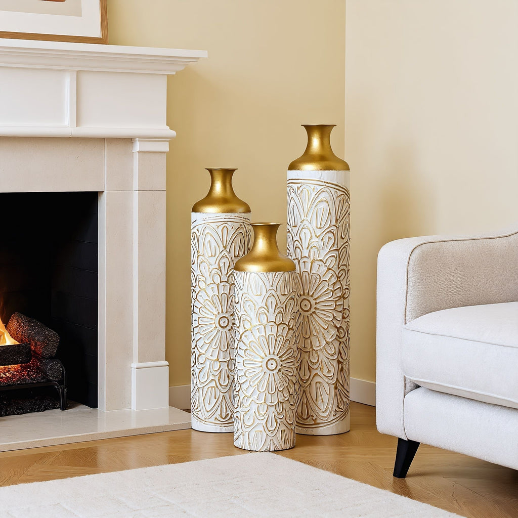 3 Piece Home Decoration Large Glazed Floor Vases - Gold / White