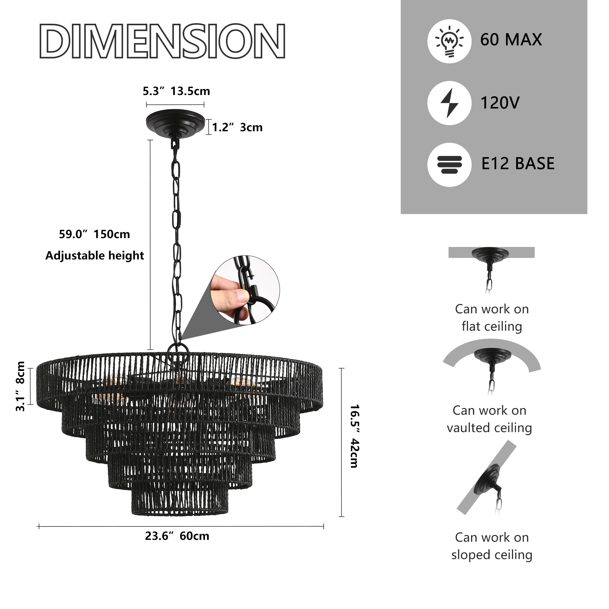 24" Rustic 5-Tier Black Hemp Rope Pendant Light Chandelier